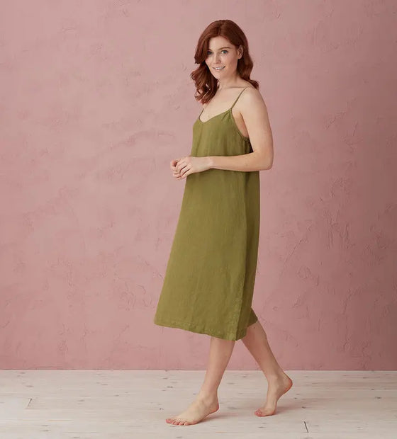 Moss Green Alice 100% Linen Cami Nightie The Secret Linen Store