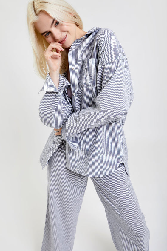 Yew Striped Ethical-Cotton Pyjama Shirt - Pinstripe Charcoal