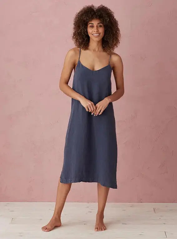 Navy Blue Alice 100% Linen Cami Nightie The Secret Linen Store