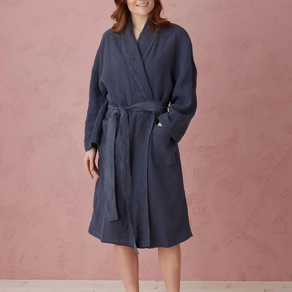 Navy Blue Layla 100% Linen Robe The Secret Linen Store