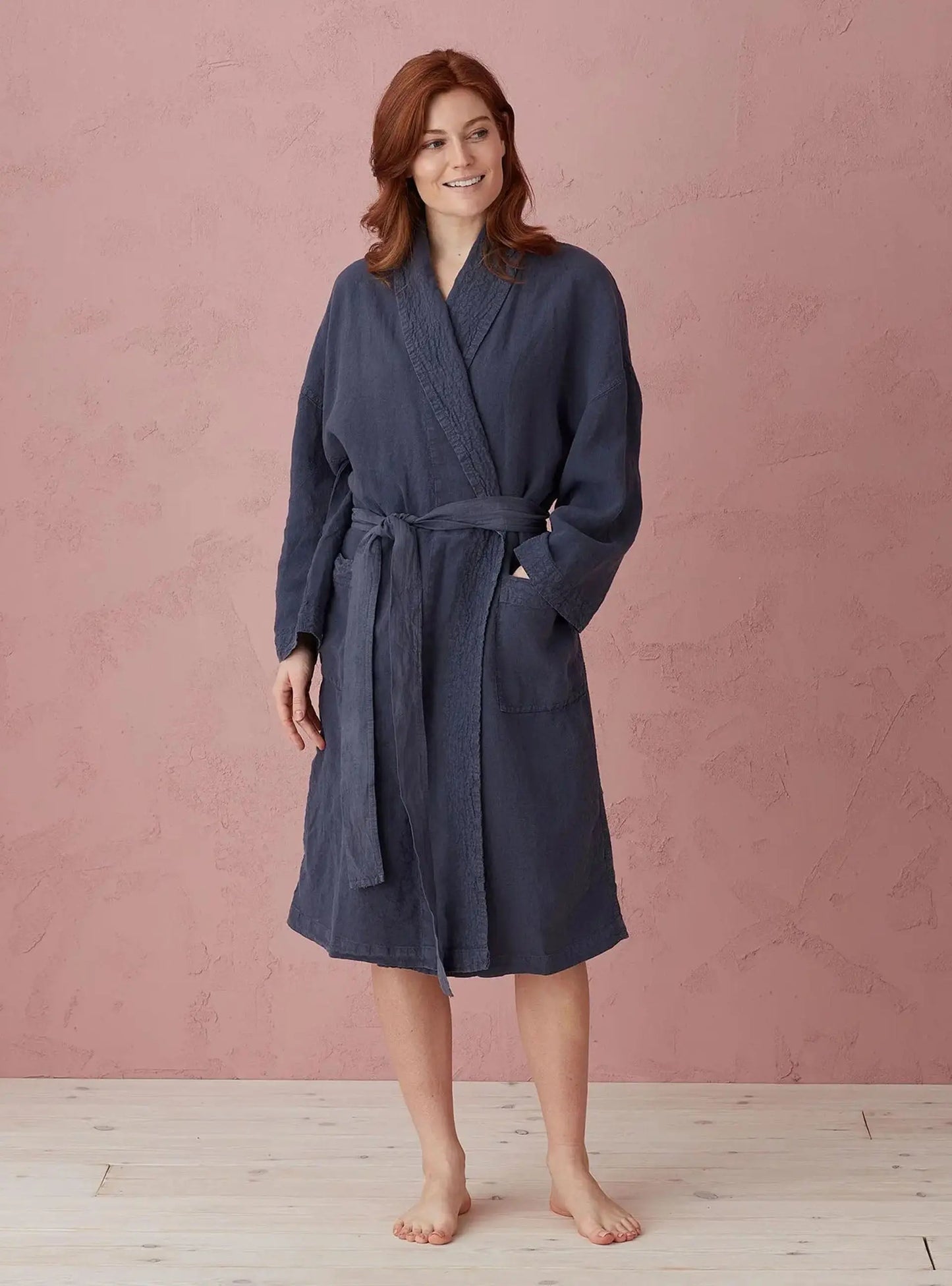 Navy Blue Layla 100% Linen Robe The Secret Linen Store