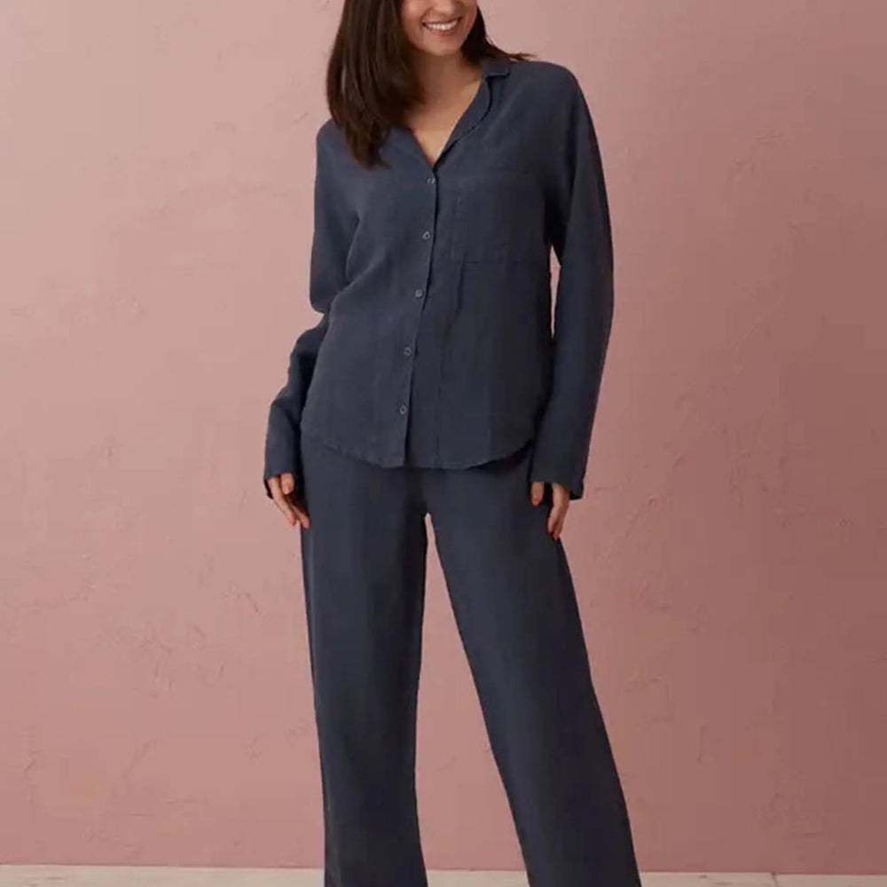 Navy Blue Polly 100% Linen Pyjama Top The Secret Linen Store