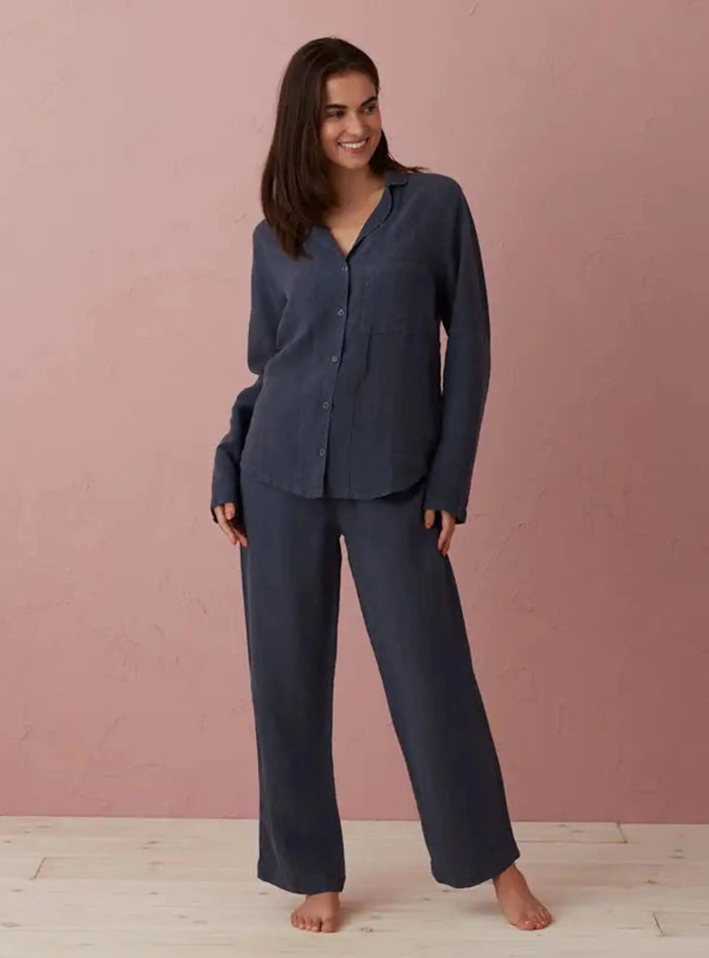 Navy Blue Polly 100% Linen Pyjama Top The Secret Linen Store