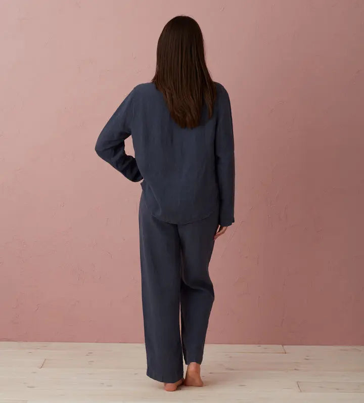 Navy Blue Polly 100% Linen Pyjama Top The Secret Linen Store