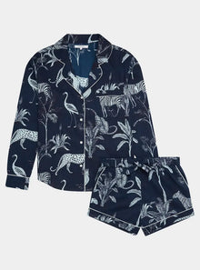  Navy Botanical Jungle Women's Long Sleeve Organic Cotton Pyjama Short Set Myza