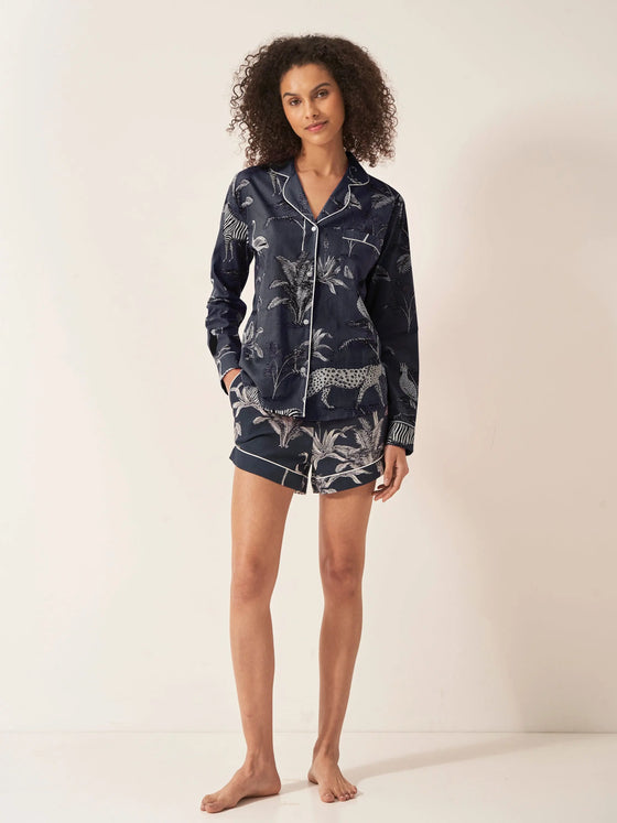 Navy Botanical Jungle Women's Long Sleeve Organic Cotton Pyjama Short Set Myza