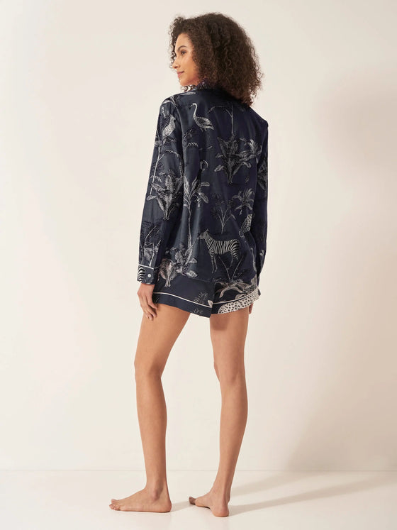 Navy Botanical Jungle Women's Long Sleeve Organic Cotton Pyjama Short Set Myza