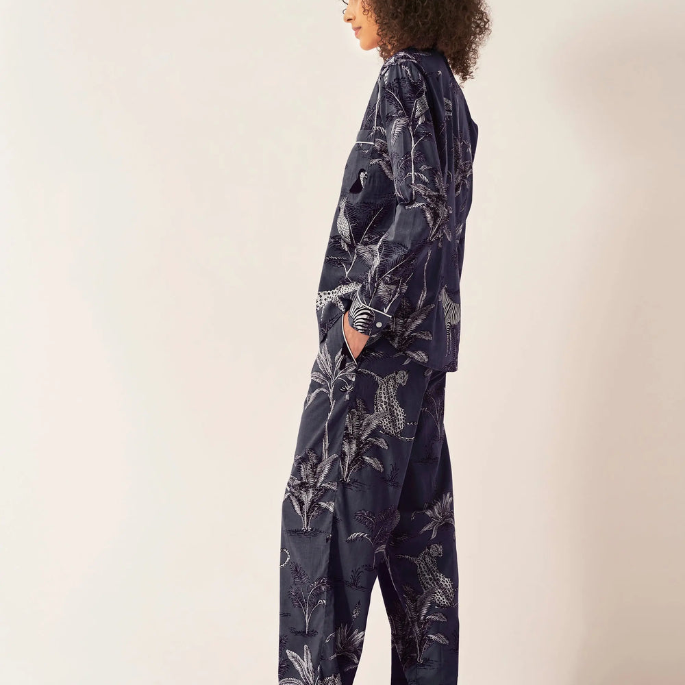 Navy Botanical Jungle Women's Long Sleeve Organic Cotton Pyjama Trouser Set Myza