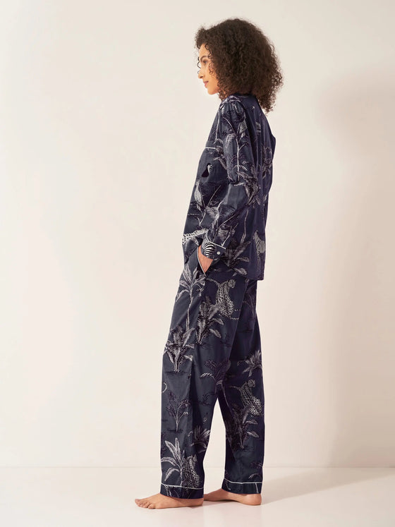 Navy Botanical Jungle Women's Long Sleeve Organic Cotton Pyjama Trouser Set Myza