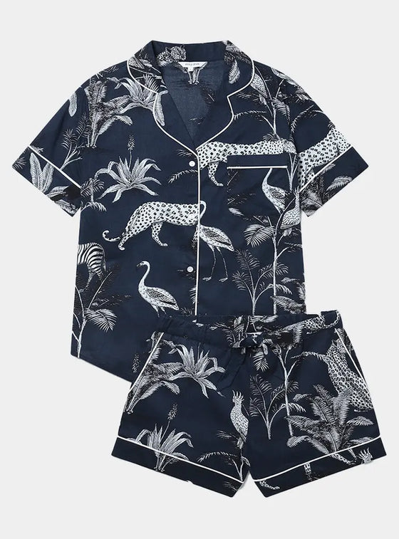 Navy Botanical Jungle Women's Short Sleeve Organic Cotton Pyjama Short Set Myza