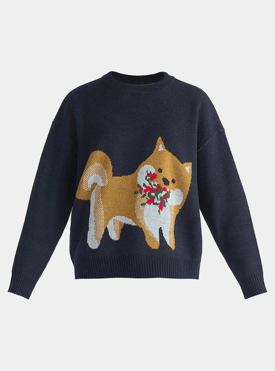 Navy Christmas Jumper With Dog and Mistletoes Paisie