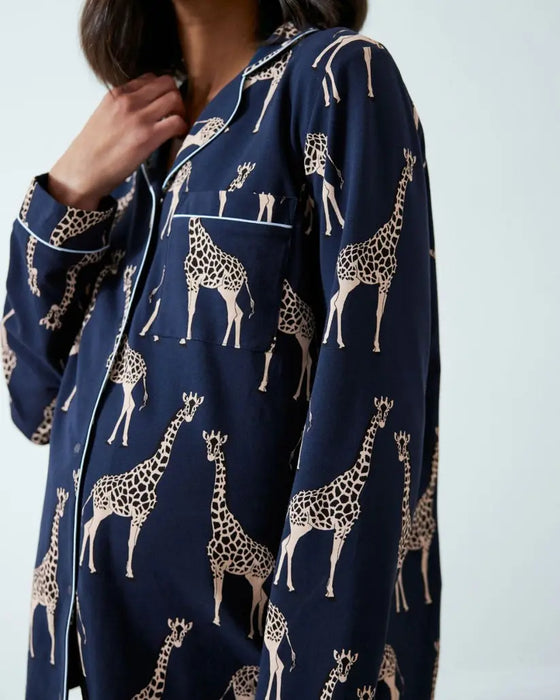 Navy Giraffe Maternity Print Organic Cotton Long Pyjama Set Chelsea Peers