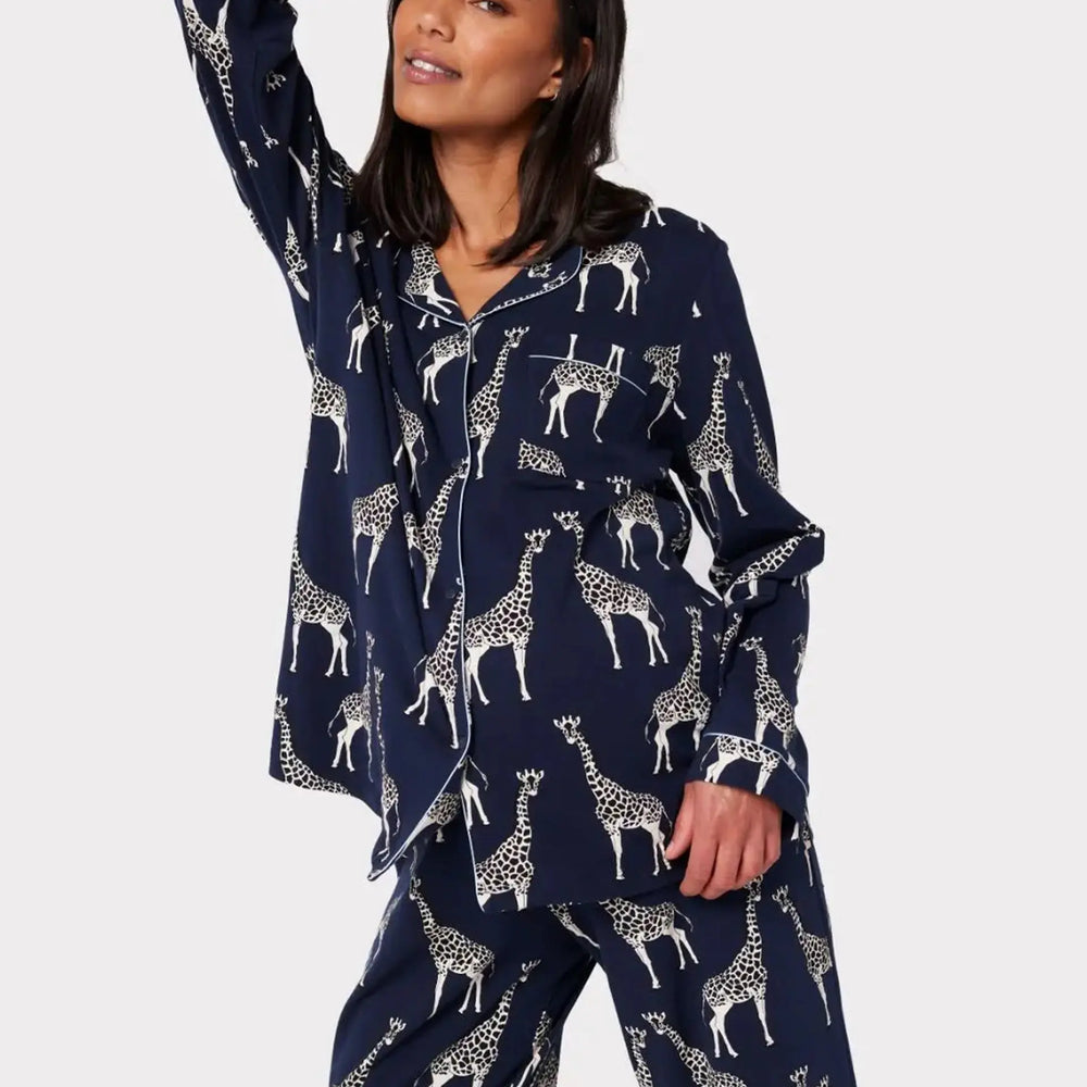 Navy Giraffe Maternity Print Organic Cotton Long Pyjama Set Chelsea Peers