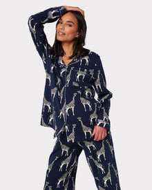  Navy Giraffe Maternity Print Organic Cotton Long Pyjama Set Chelsea Peers