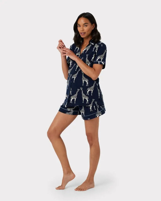 Navy Giraffe Maternity Print Organic Cotton Short Pyjama Set Chelsea Peers