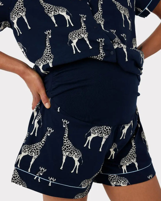 Navy Giraffe Maternity Print Organic Cotton Short Pyjama Set Chelsea Peers