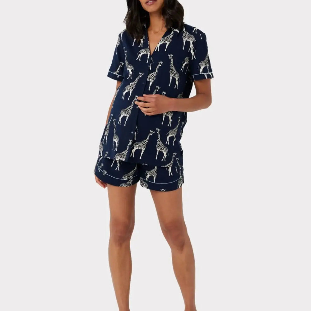 Navy Giraffe Maternity Print Organic Cotton Short Pyjama Set Chelsea Peers