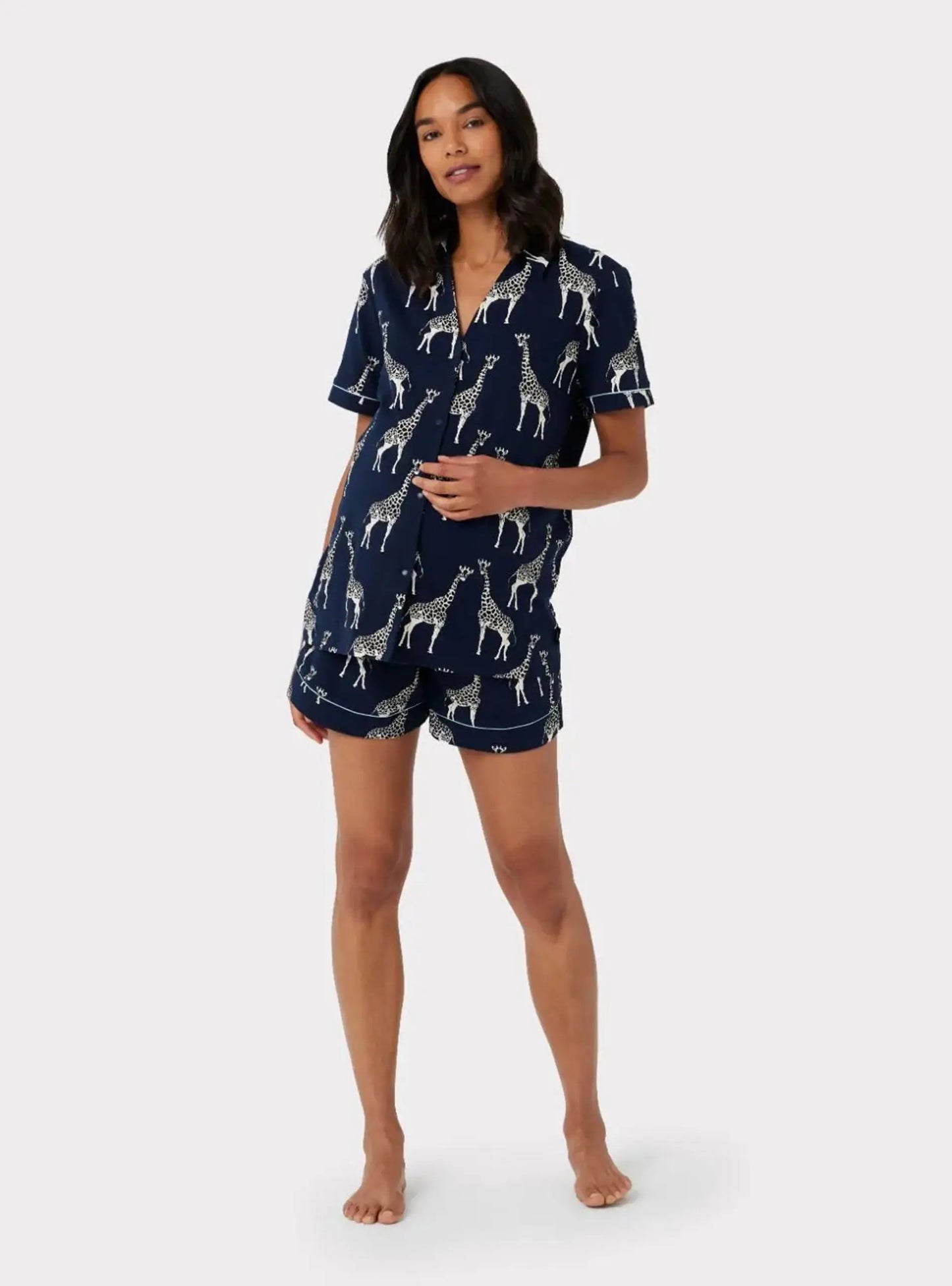 Navy Giraffe Maternity Print Organic Cotton Short Pyjama Set Chelsea Peers