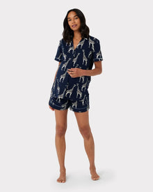  Navy Giraffe Maternity Print Organic Cotton Short Pyjama Set Chelsea Peers