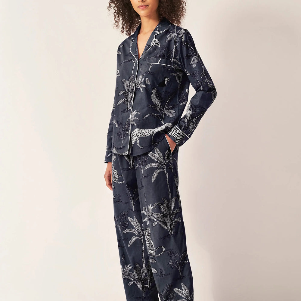 Navy Jungle Women's Long Sleeve Organic Cotton Pyjama Trouser Set Myza