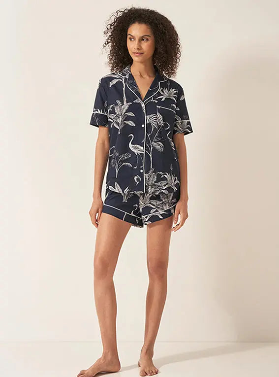 Navy Jungle Women's Short Sleeve Organic Cotton Pyjama Short Set Myza