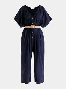  Navy Linen Blend Button Jumpsuit Paisie