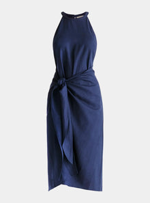  Navy Linen Blend Waist Tie Dress Paisie