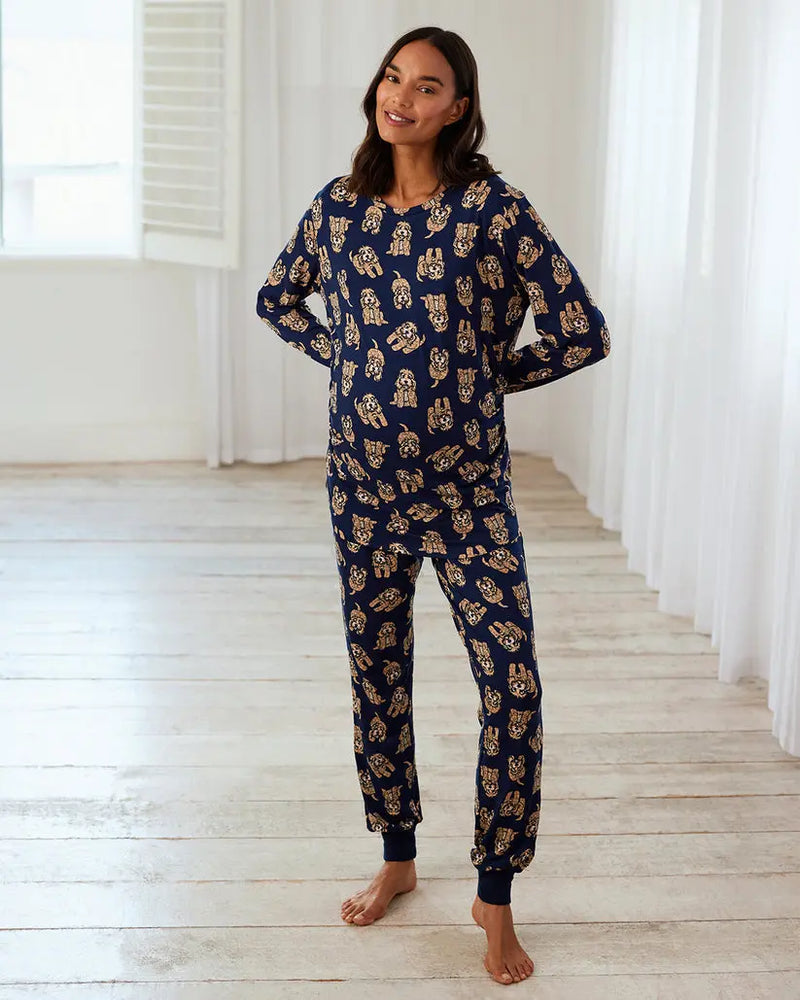 Navy Maternity Cockapoo Print Long Pyjama Set Chelsea Peers