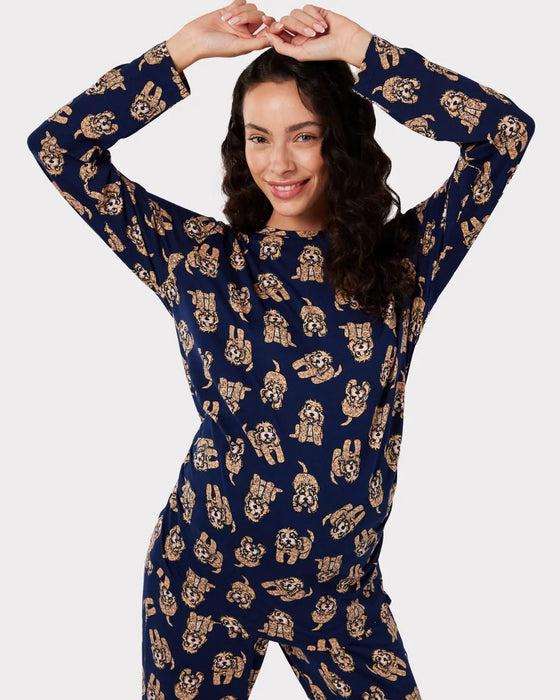 Navy Maternity Cockapoo Print Long Pyjama Set Chelsea Peers