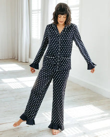  Navy Satin Frill Polka Dot Long Pyjama Set Chelsea Peers