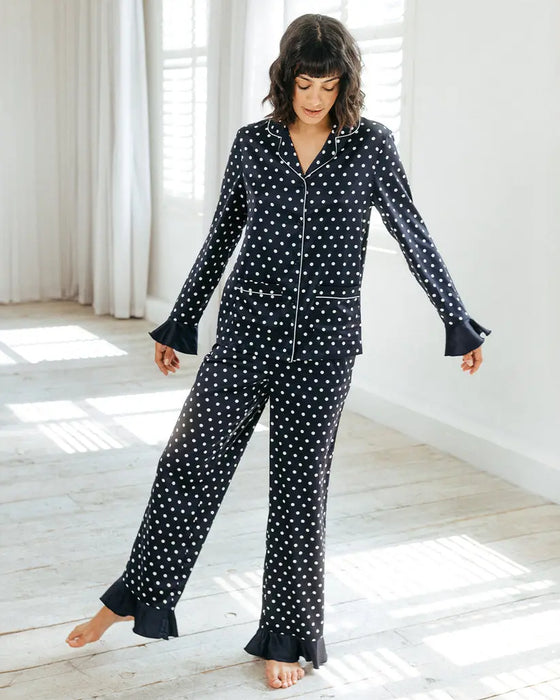 Navy Satin Frill Polka Dot Long Pyjama Set Chelsea Peers