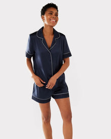  Navy Satin Lace Trim Short Pyjama Set Chelsea Peers