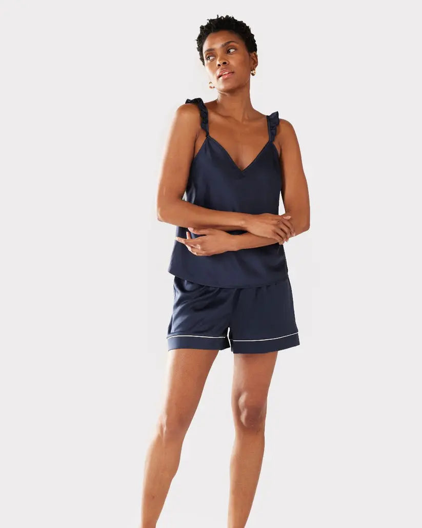 Navy Women's Satin Frill Trim Cami Short Pyjama Set Chelsea Peers