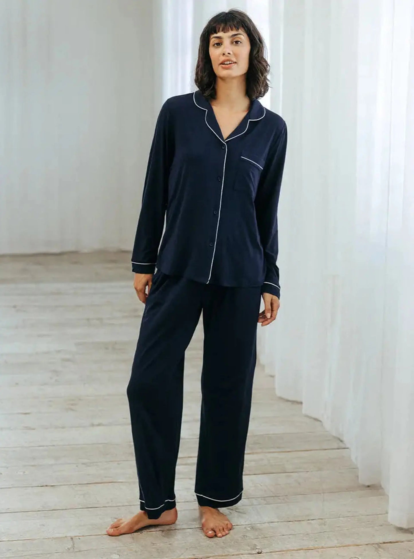 Navy Women's TENCELª Modal Long Button Up Pyjama Set Chelsea Peers