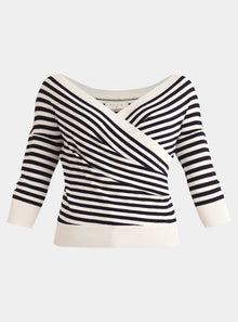  Navy and White Knitted Wrap Top With 3/4 Sleeves Paisie