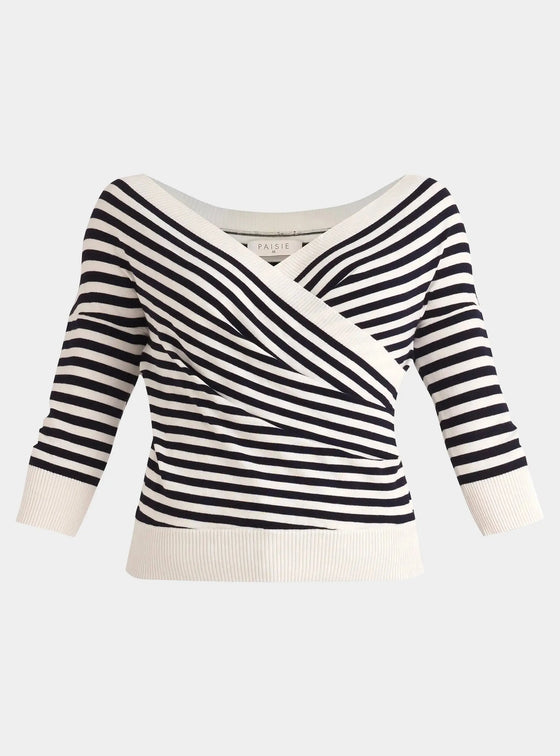 Navy and White Knitted Wrap Top With 3/4 Sleeves Paisie