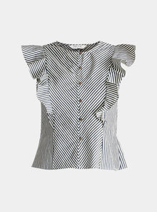  Navy and White Striped Frilled Cotton Blouse Paisie