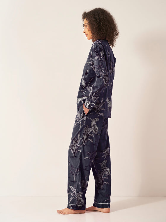 Navy Botanical Jungle Women's Long Sleeve Organic Cotton Pyjama Trouser Set
