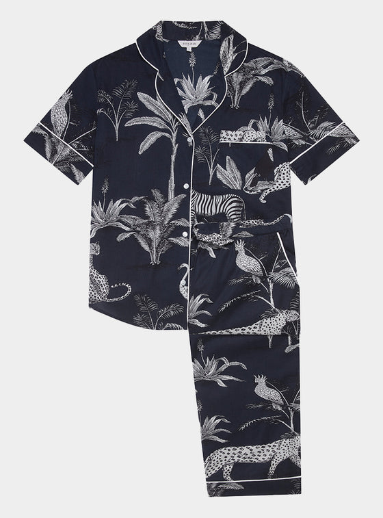 Navy Botanical Jungle Women's Short Sleeve Organic Cotton Pyjama Trouser Set