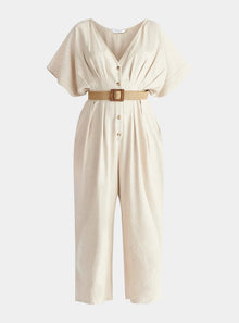  Oatmeal Linen Blend Button Jumpsuit Paisie