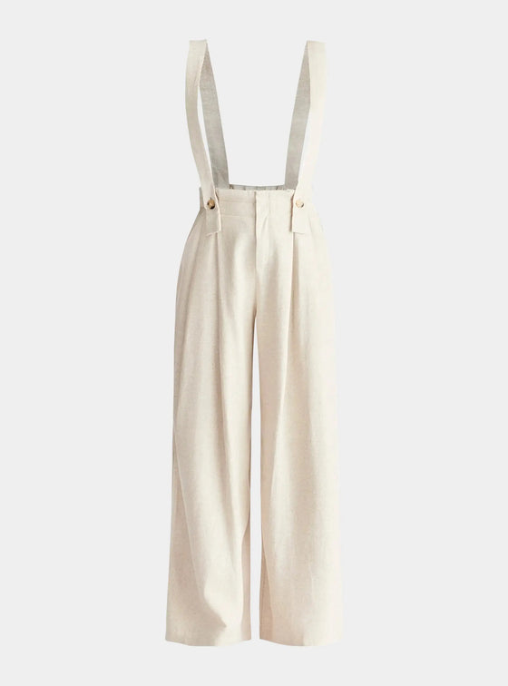 Oatmeal Linen Blend Detachable Suspender Trousers Paisie