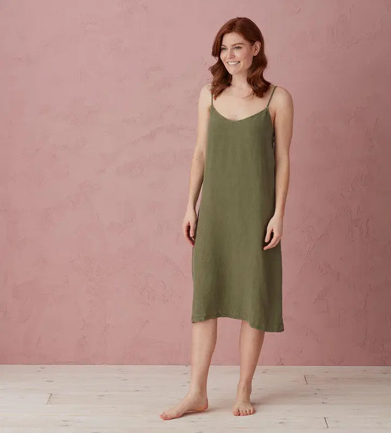 Olive Green Alice 100% Linen Cami Nightie The Secret Linen Store