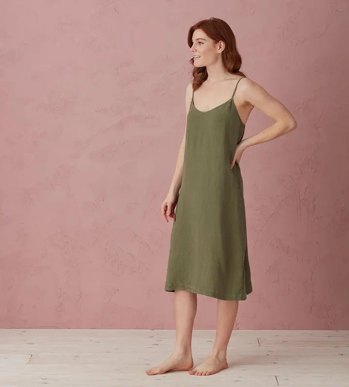 Olive Green Alice 100% Linen Cami Nightie The Secret Linen Store