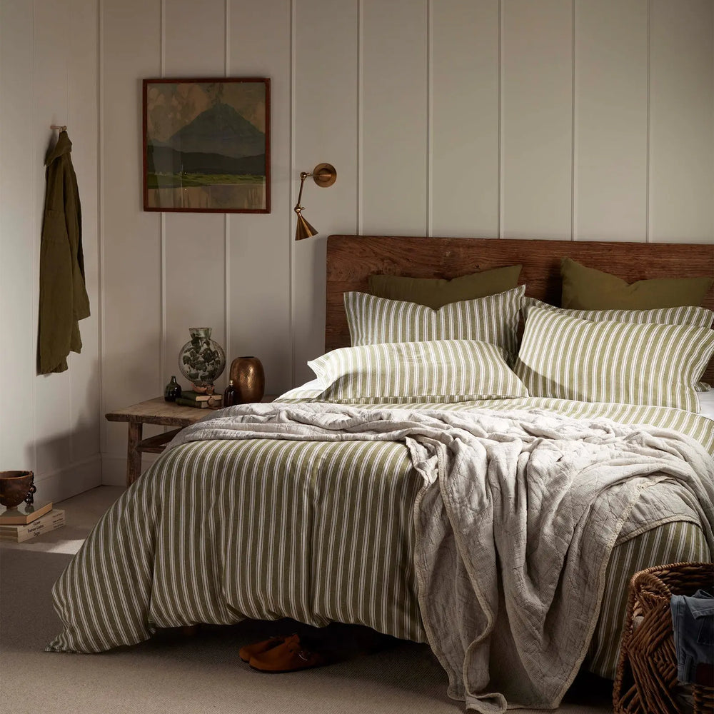 Olive Green Fred Stripe Brushed 100% Organic Cotton Bed Linen The Secret Linen Store