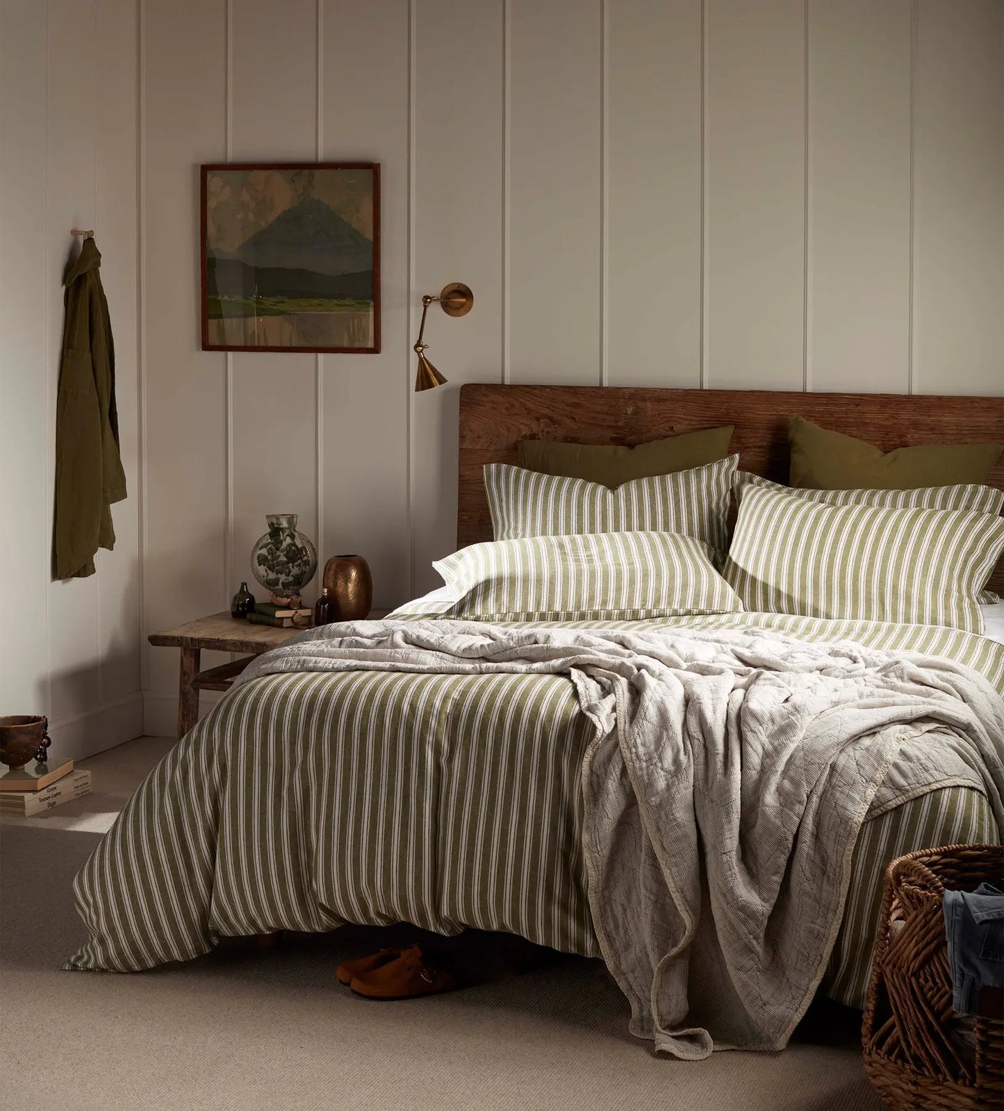 Olive Green Fred Stripe Brushed 100% Organic Cotton Bed Linen The Secret Linen Store