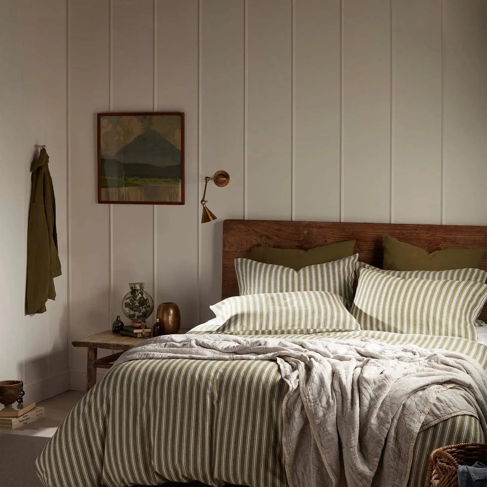 Olive Green Fred Stripe Brushed 100% Organic Cotton Bed Linen The Secret Linen Store