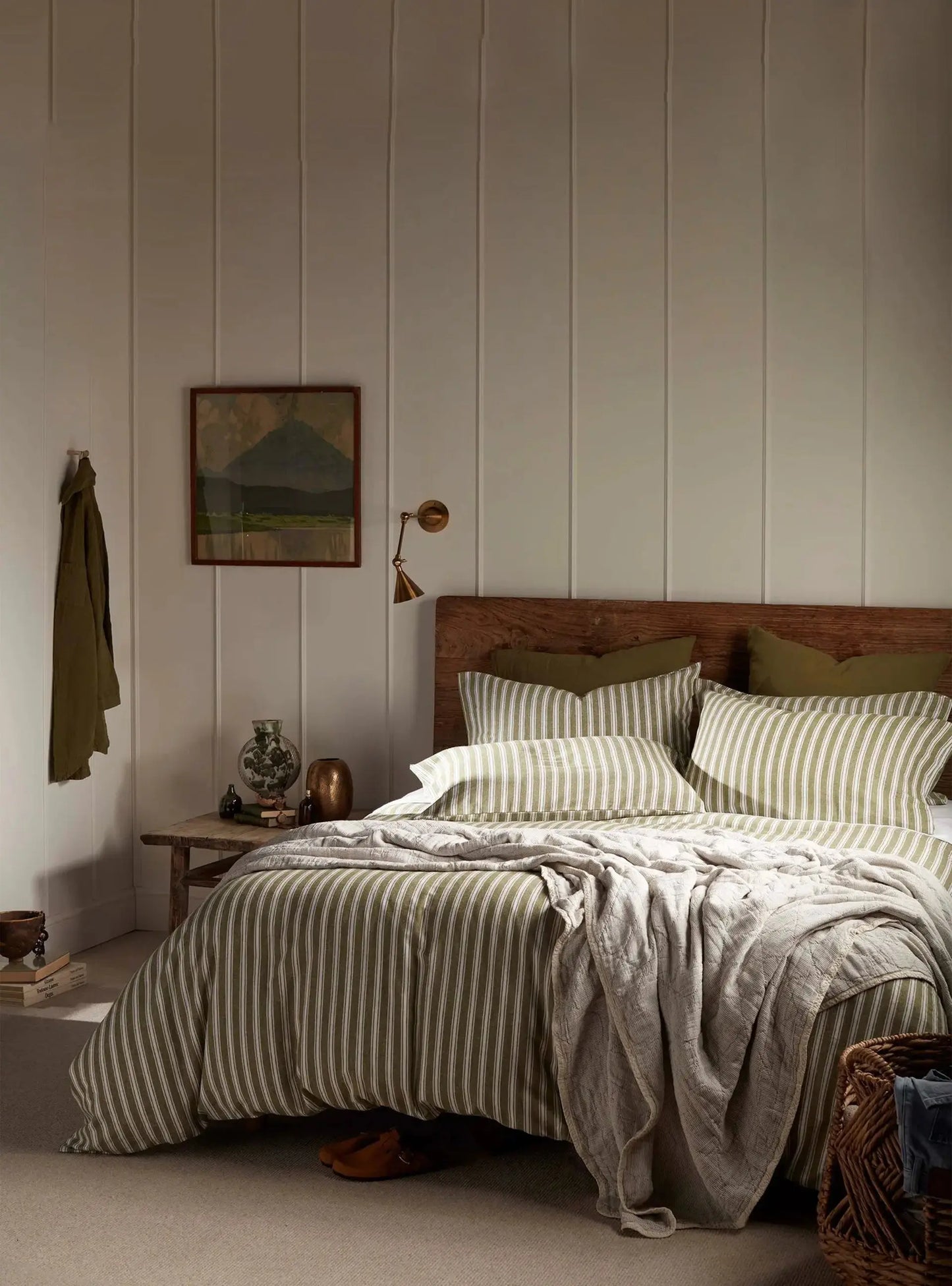 Olive Green Fred Stripe Brushed 100% Organic Cotton Bed Linen The Secret Linen Store