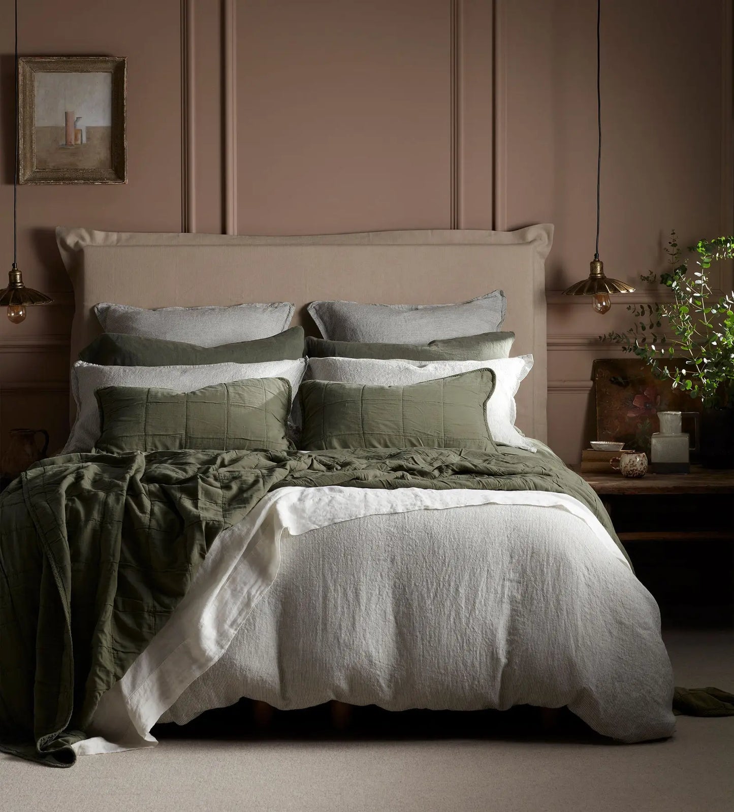 Olive Green Sid Stripe 100% Linen Bed Linen The Secret Linen Store