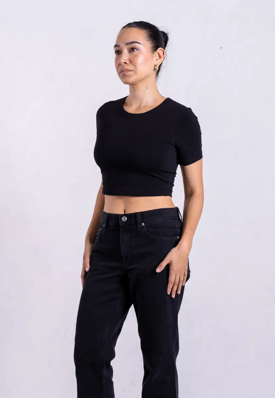 Organic Cotton Crew Cropped T-Shirt, Black Pantee