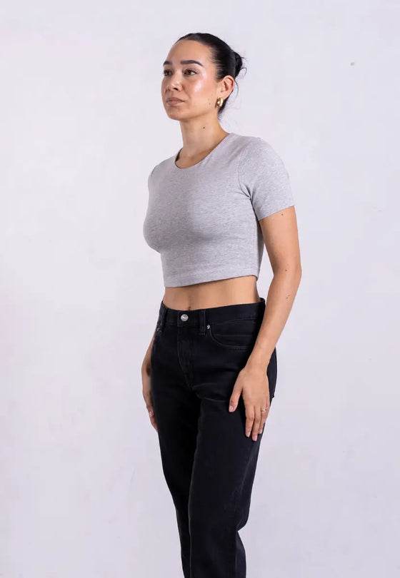 Organic Cotton Crew Cropped T-Shirt, Light Grey Marl Pantee